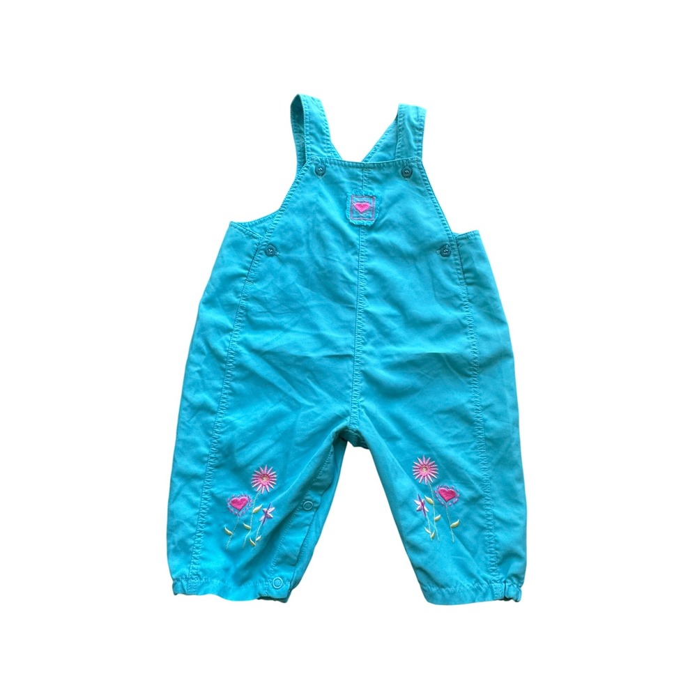 Vintage Style Turquoise Blue Floral Heart Embroidered Baby Overalls 3-6 Months